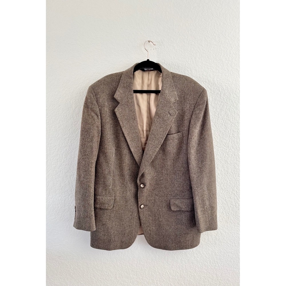 VINTAGE Blazer Mens 44 Brown Herringbone Pure Wool Made‎ in USA